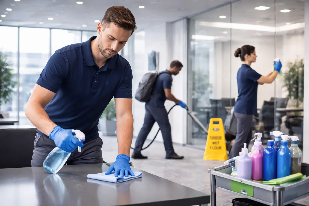 Detail-focused janitorial maintenance inside a professional commercial environment