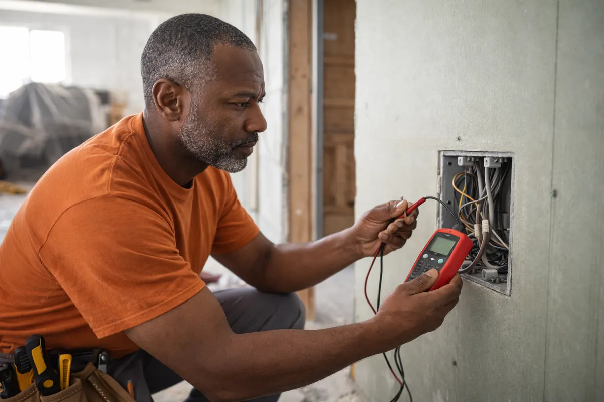 Electrician diagnosing a circuit issue inside a service area