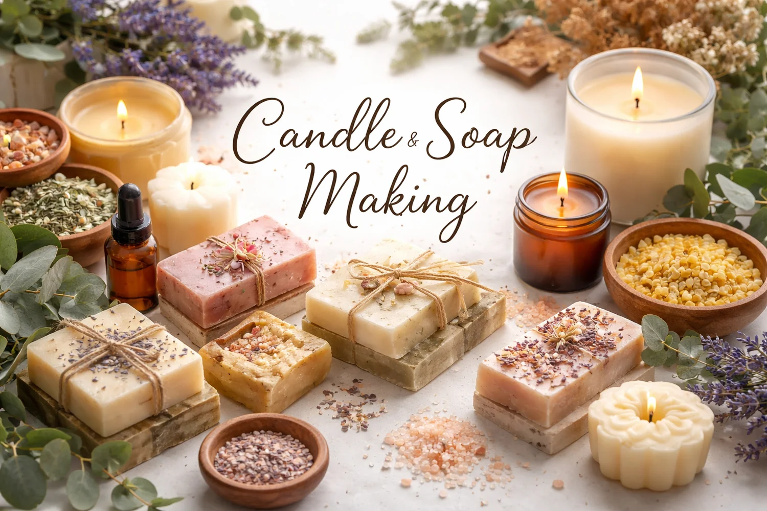 Close view of Bath & Blaze candles and soaps arranged for shoppers