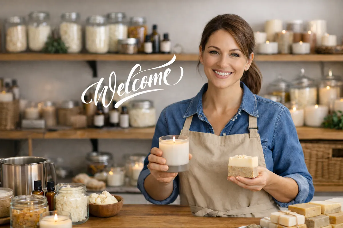 Handmade soap bars and bath products displayed together