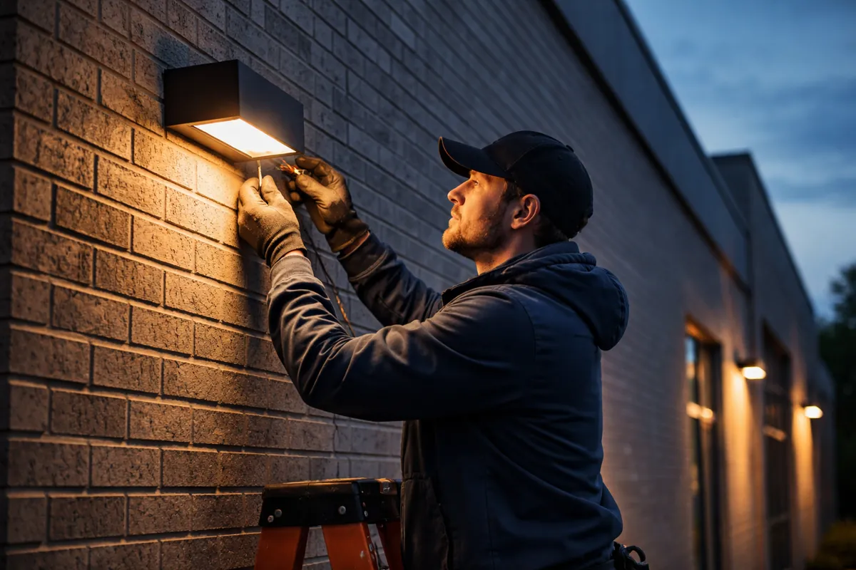 Electrical technician inspecting service equipment and wiring